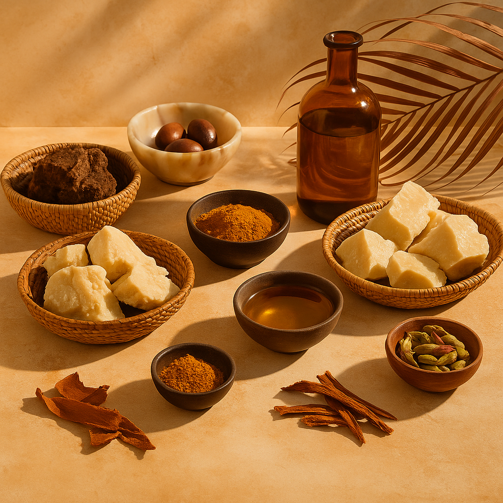 Assorted natural skincare ingredients displayed on a warm-toned surface, including chunks of raw shea butter, African black soap, plant oils in a brown glass bottle, cocoa powder, turmeric, cardamom pods, and botanical bark pieces.