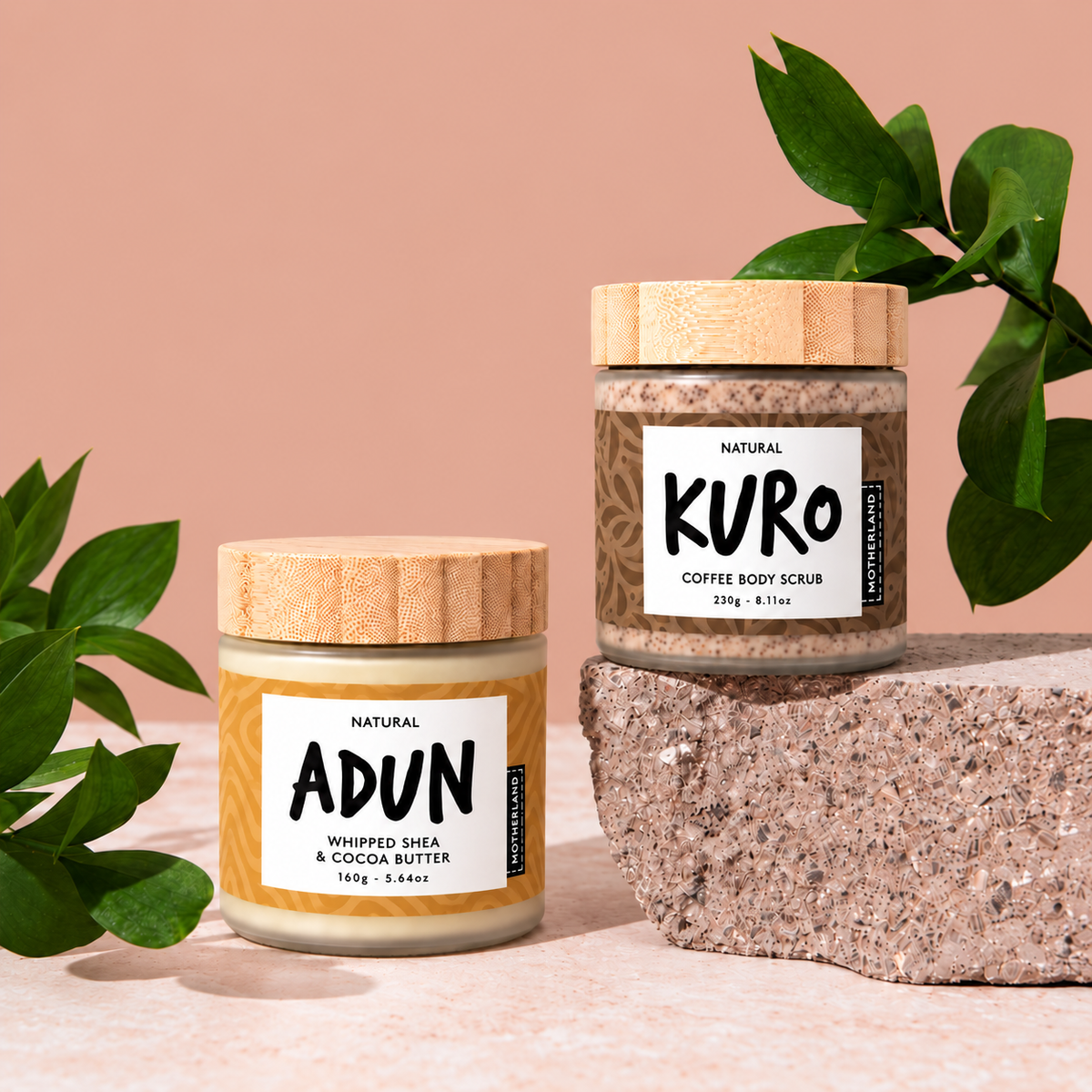 ADUN whipped shea and cocoa butter and KURO coffee body scrub side by side with bamboo lids