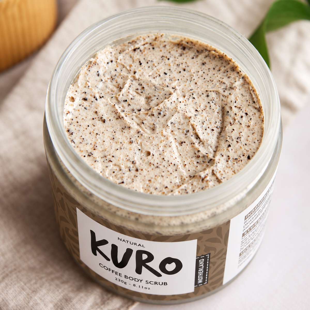 KURO coffee body scrub in a 230g frosted jar with bamboo lid