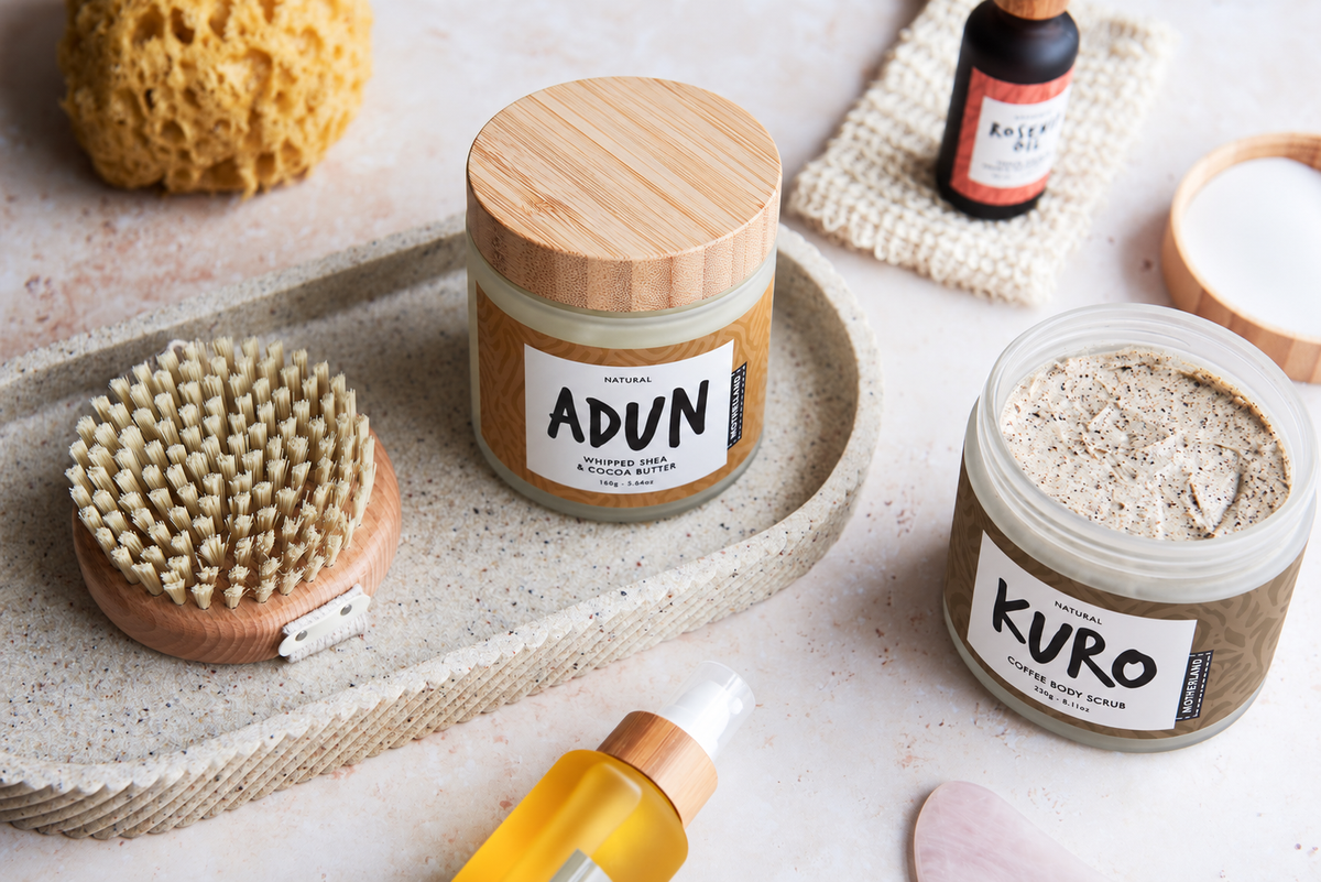 ADUN whipped shea and cocoa butter and KURO coffee body scrub with bamboo lids