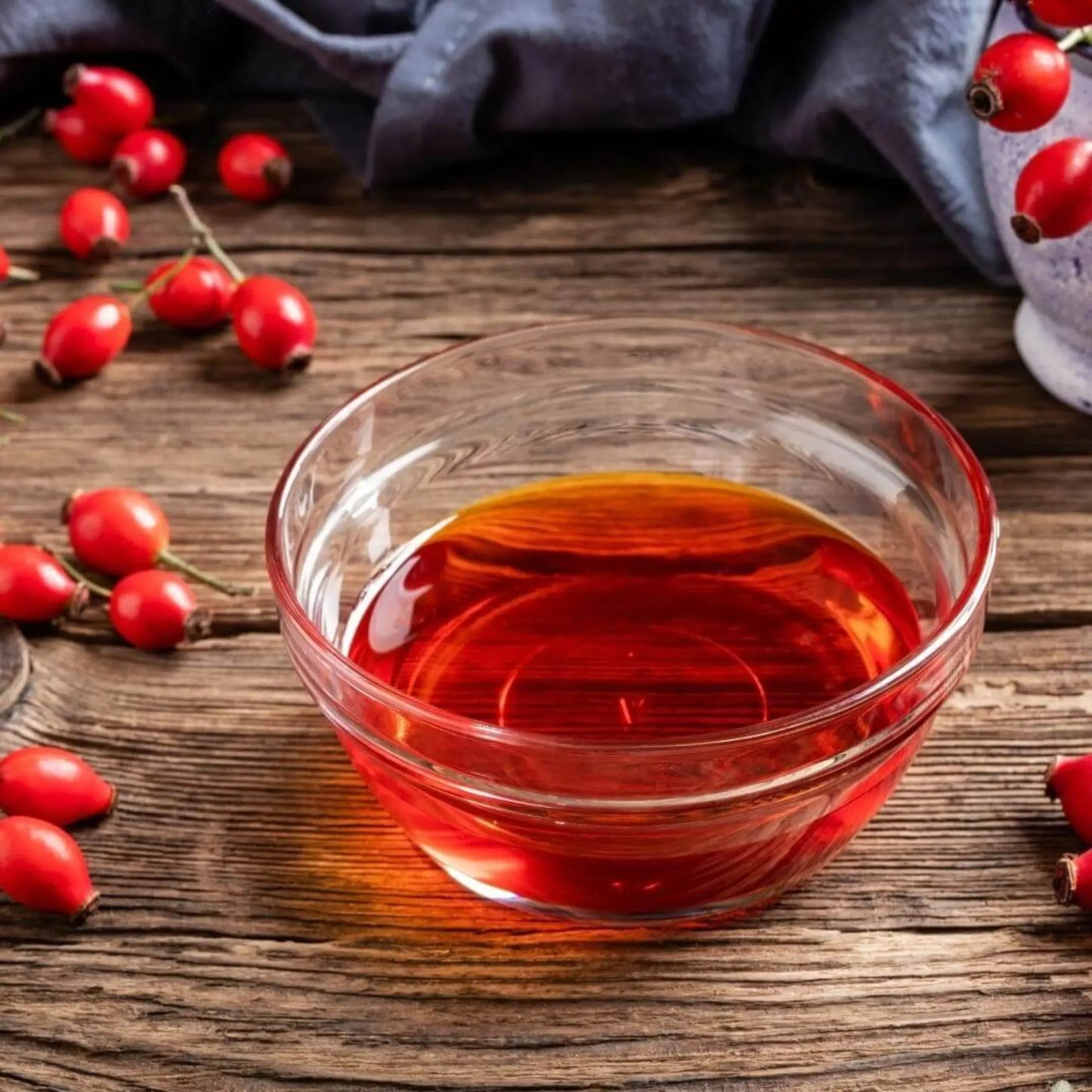 Bowl of rich, red rosehip oil surrounded by rosehip fruit — organic rosehip seed oil packed with antioxidants and essential fatty acids, ideal for face, hair, and skin care routines.