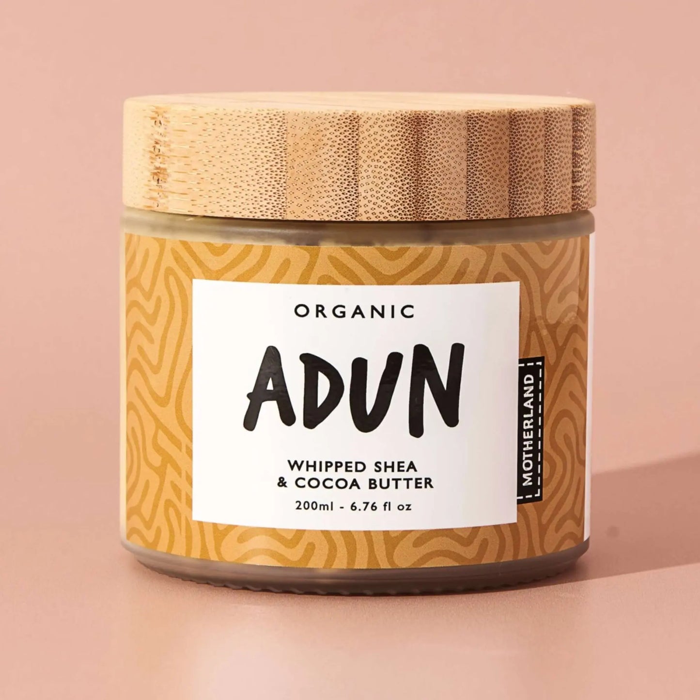 Motherland Organics ADUN Whipped Shea and Cocoa Butter – organic shea butter body cream for dry skin, eczema, and face care. Raw, vegan, and deeply moisturising natural skincare in eco-friendly glass jar.